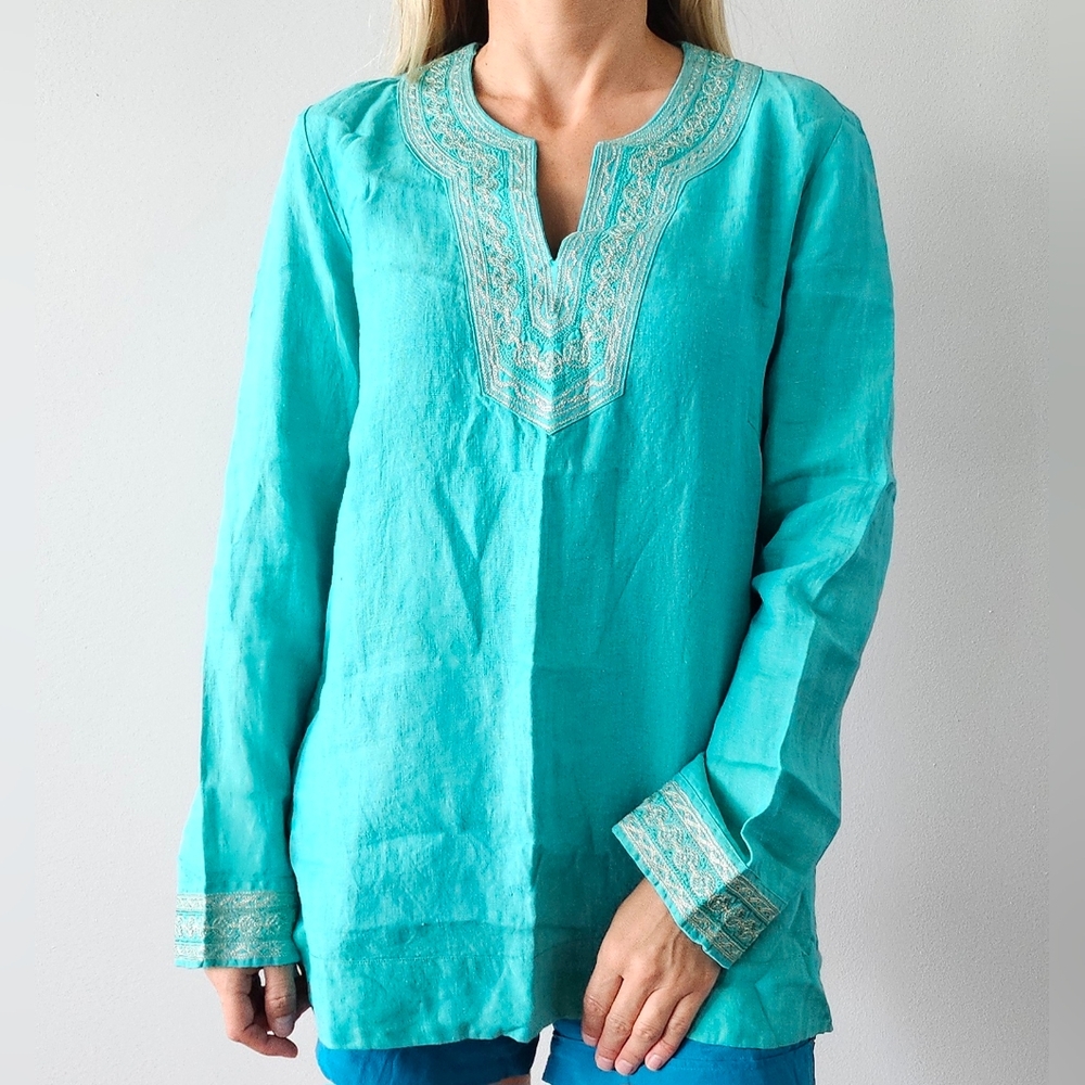 Craig Taylor Women's Embroidered Tunic Top turquoise Blue S Linen Trixie